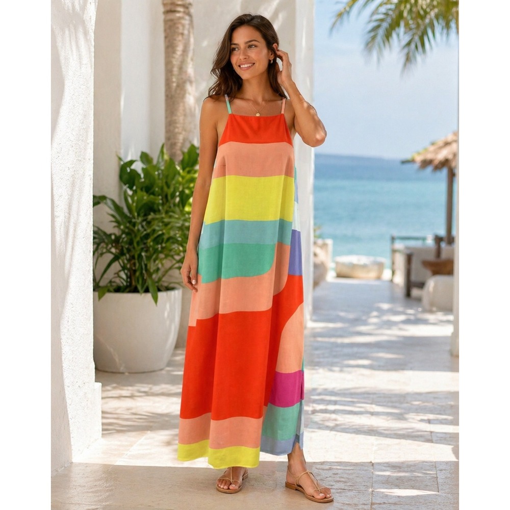 Mara Hoffman Halter Dress Womens XS Multicolor Stripe Tencel Beachy Resort Vaca
